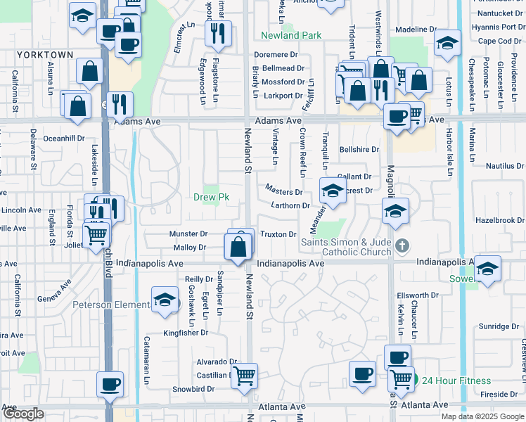 map of restaurants, bars, coffee shops, grocery stores, and more near 20311 Allport Lane in Huntington Beach