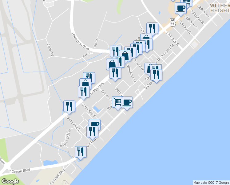 map of restaurants, bars, coffee shops, grocery stores, and more near 325 24th Ave S in Myrtle Beach