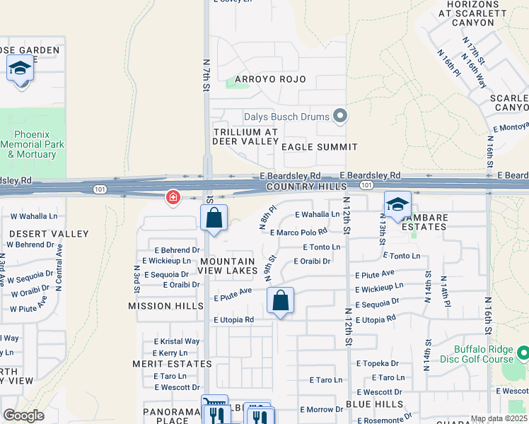 map of restaurants, bars, coffee shops, grocery stores, and more near 19850 North 8th Place in Phoenix