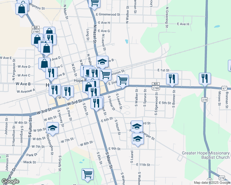 map of restaurants, bars, coffee shops, grocery stores, and more near 320 South Laurel Street in Hope