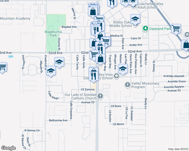 map of restaurants, bars, coffee shops, grocery stores, and more near 84966 Calle Verde in Coachella