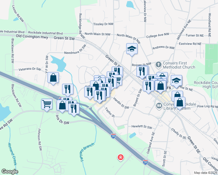 map of restaurants, bars, coffee shops, grocery stores, and more near 1129 West Ave Southwest in Conyers