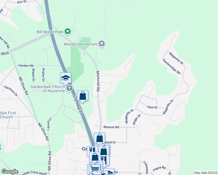 map of restaurants, bars, coffee shops, grocery stores, and more near 1820 Pine Circle in Gardendale
