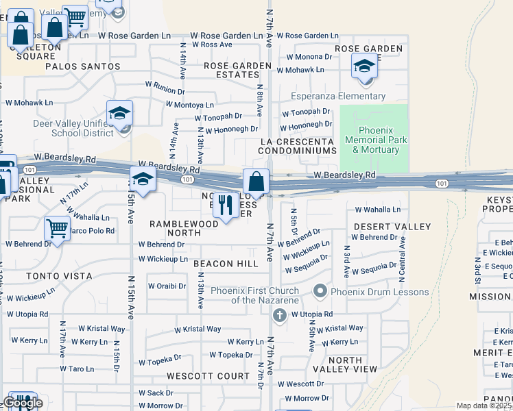 map of restaurants, bars, coffee shops, grocery stores, and more near 19820 North 7th Avenue in Phoenix
