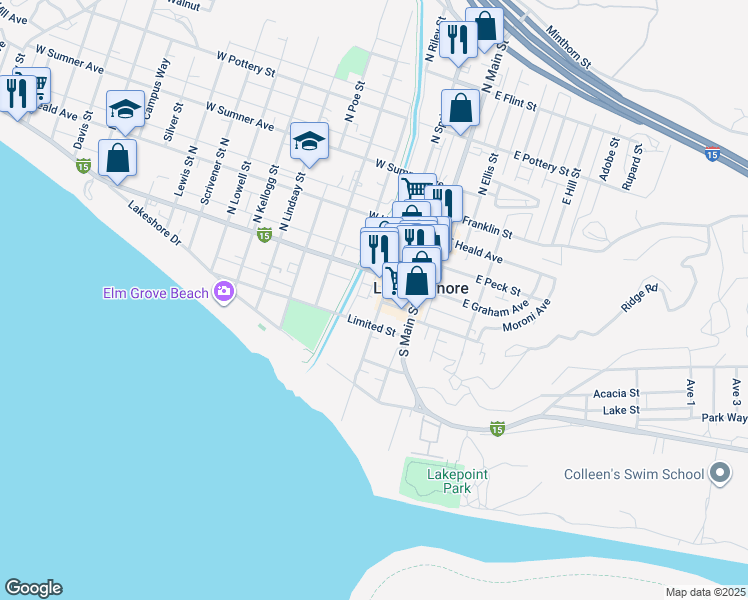 map of restaurants, bars, coffee shops, grocery stores, and more near 127 South Spring Street in Lake Elsinore