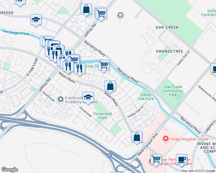 map of restaurants, bars, coffee shops, grocery stores, and more near 2404 Crescent Oak in Irvine