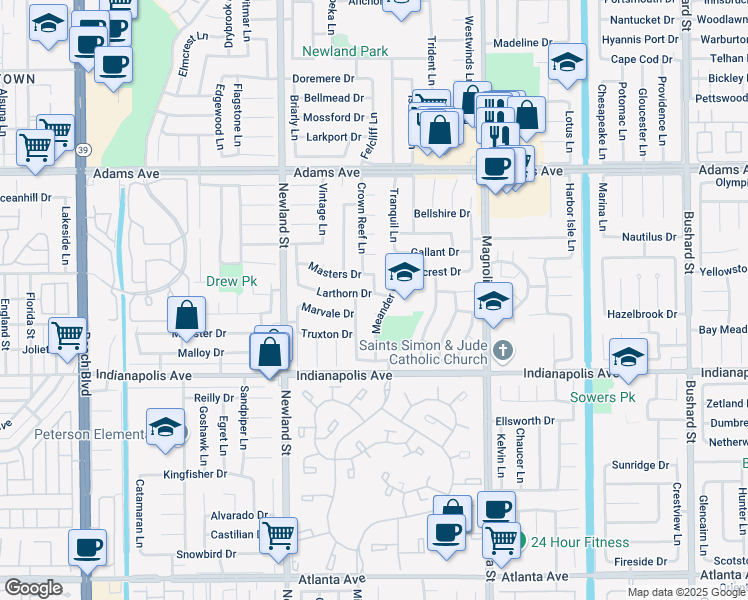 map of restaurants, bars, coffee shops, grocery stores, and more near 8672 Larthorn Drive in Huntington Beach
