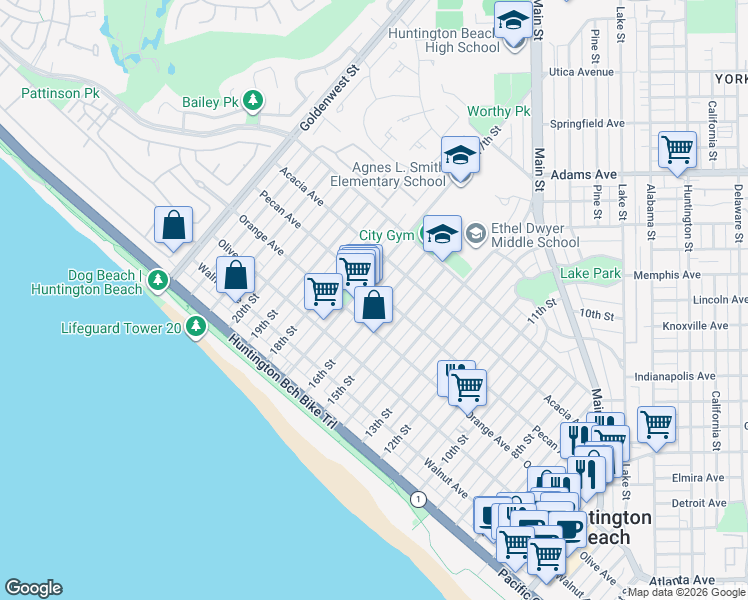 map of restaurants, bars, coffee shops, grocery stores, and more near 502 16th Street in Huntington Beach