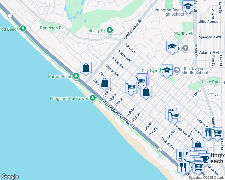 map of restaurants, bars, coffee shops, grocery stores, and more near 204 20th Street in Huntington Beach