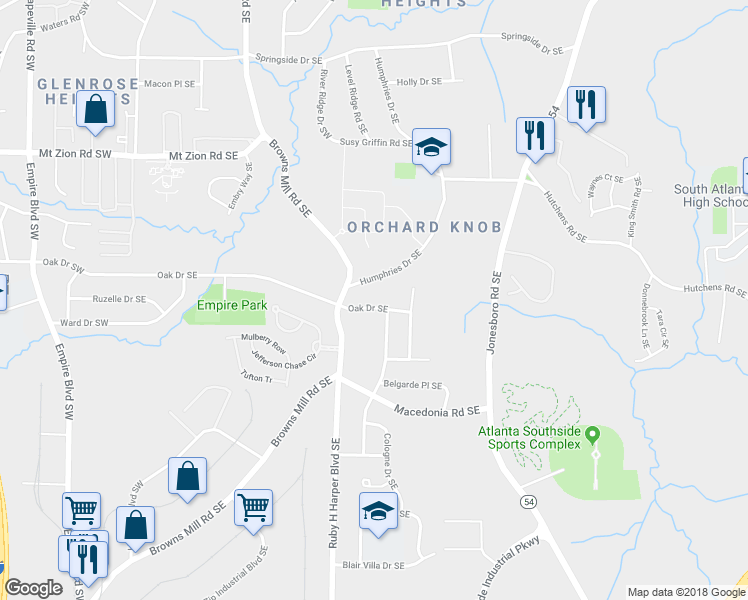 map of restaurants, bars, coffee shops, grocery stores, and more near 454 Oak Drive Southeast in Atlanta