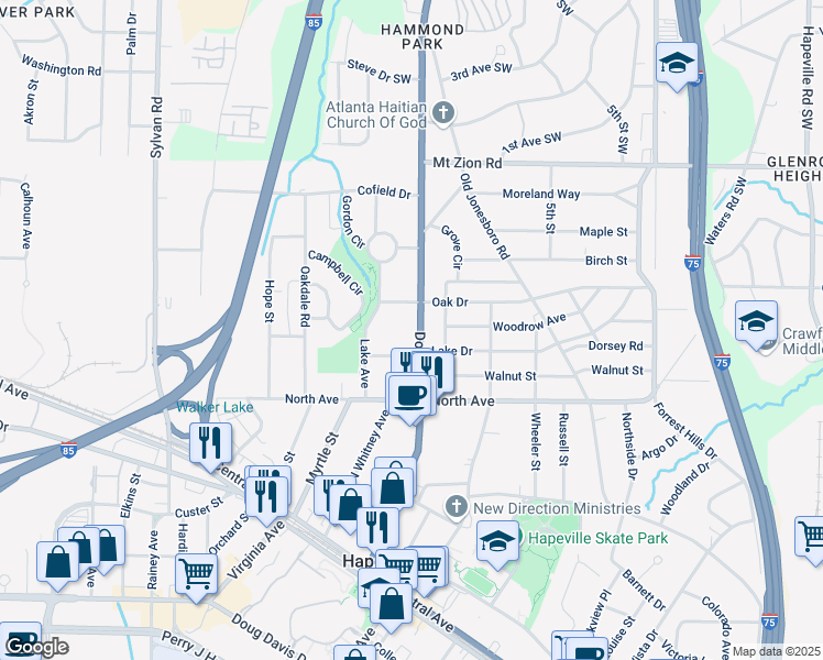 map of restaurants, bars, coffee shops, grocery stores, and more near 3175 Dogwood Drive in East Point