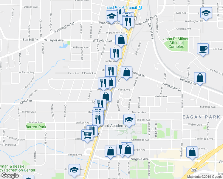 map of restaurants, bars, coffee shops, grocery stores, and more near 5555 Main Street in East Point