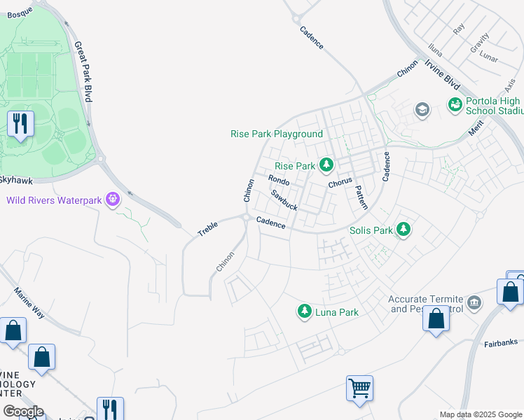 map of restaurants, bars, coffee shops, grocery stores, and more near Treble in Irvine