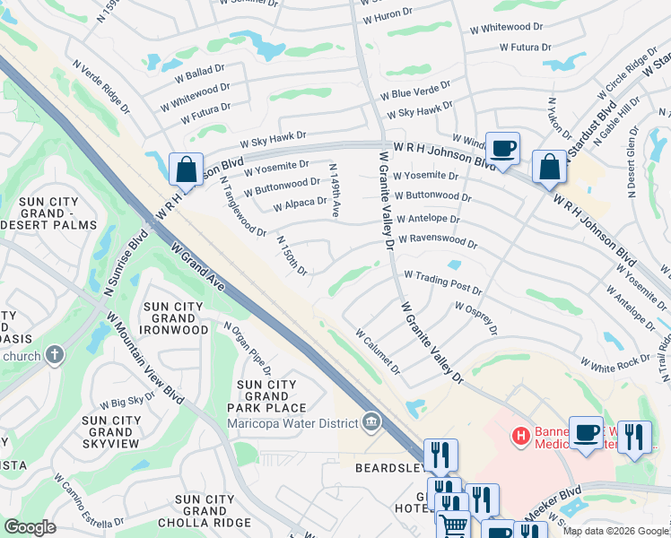 map of restaurants, bars, coffee shops, grocery stores, and more near 14903 West Ravenswood Drive in Sun City West