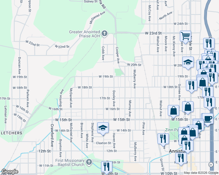 map of restaurants, bars, coffee shops, grocery stores, and more near 914 West 18th Street in Anniston