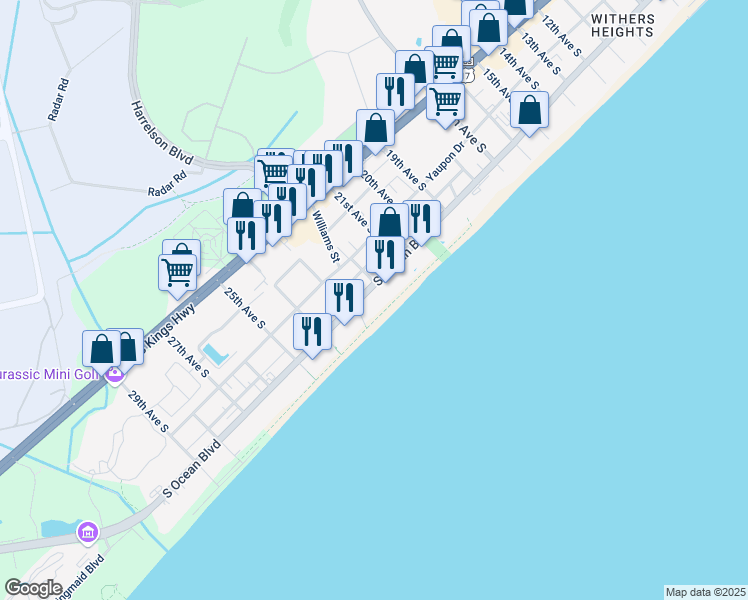map of restaurants, bars, coffee shops, grocery stores, and more near 2209S South Ocean Boulevard in Myrtle Beach