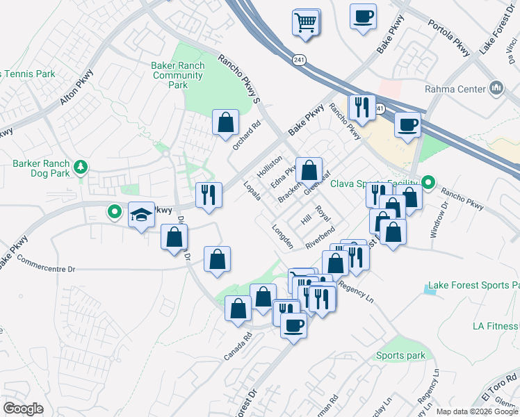 map of restaurants, bars, coffee shops, grocery stores, and more near 26237 Enterprise Way in Lake Forest