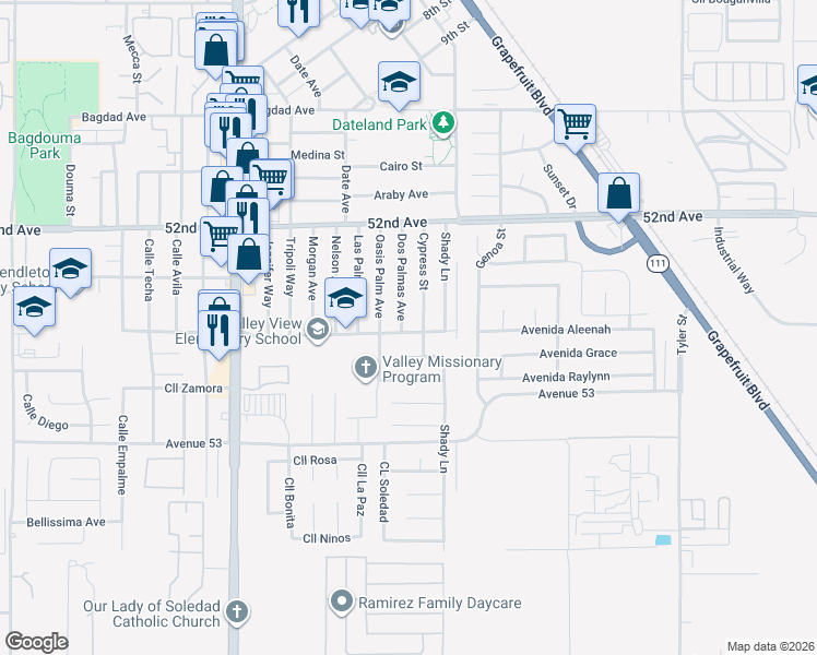 map of restaurants, bars, coffee shops, grocery stores, and more near 52448 Dos Palmas Avenue in Coachella