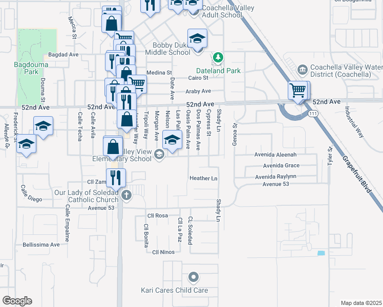 map of restaurants, bars, coffee shops, grocery stores, and more near 52448 Oasis Palm Avenue in Coachella