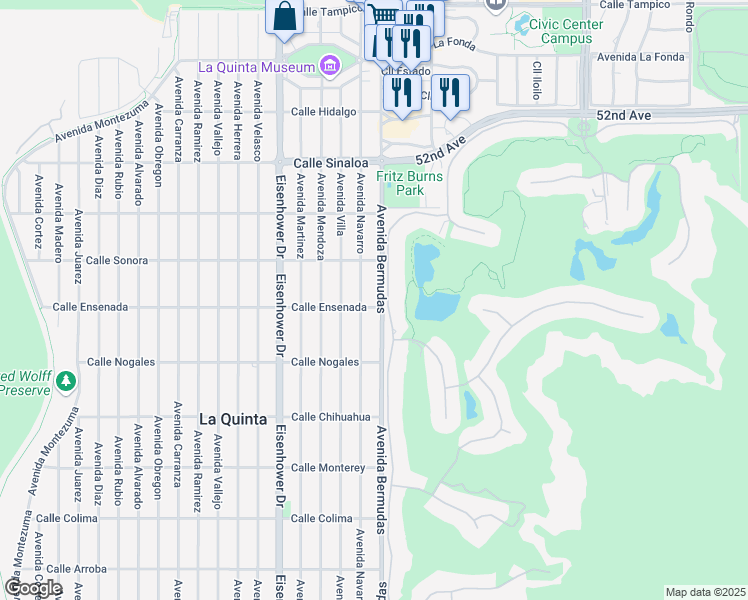 map of restaurants, bars, coffee shops, grocery stores, and more near 52445 Avenida Bermudas in La Quinta