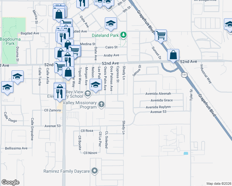 map of restaurants, bars, coffee shops, grocery stores, and more near 52448 Dos Palmas Avenue in Coachella