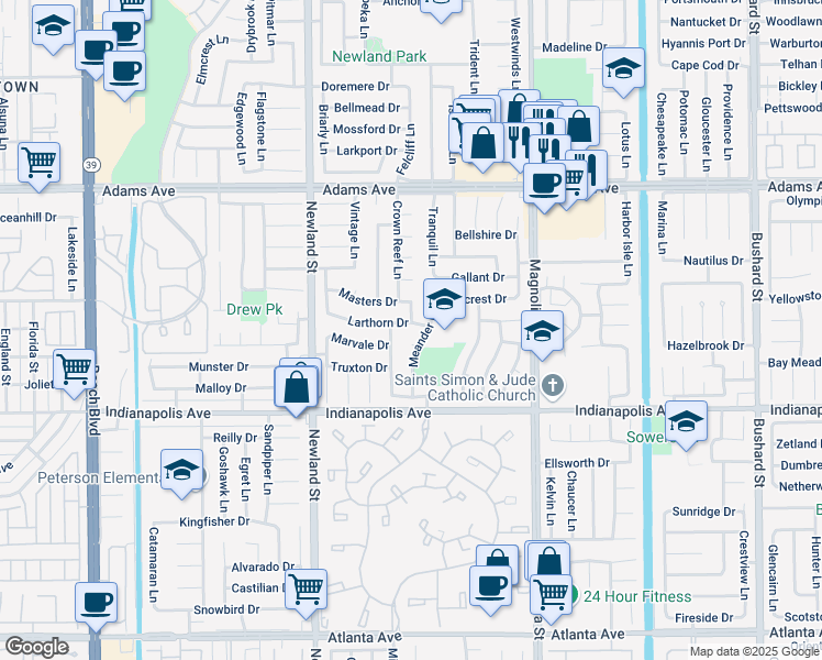 map of restaurants, bars, coffee shops, grocery stores, and more near 8672 Larthorn Drive in Huntington Beach