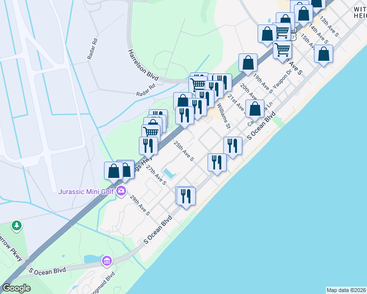 map of restaurants, bars, coffee shops, grocery stores, and more near 2502 Clearwater Street in Myrtle Beach