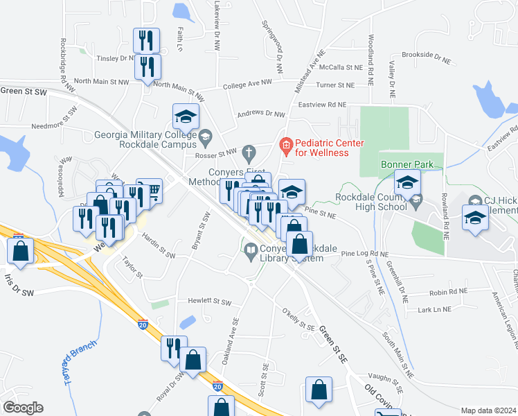 map of restaurants, bars, coffee shops, grocery stores, and more near 868 North Main Street Northwest in Conyers