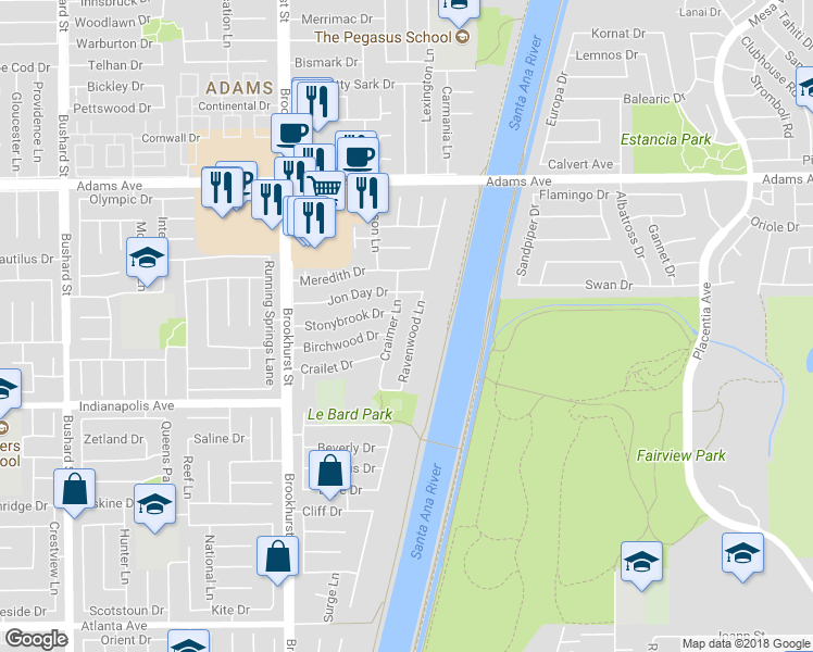map of restaurants, bars, coffee shops, grocery stores, and more near 20331 Ravenwood Lane in Huntington Beach