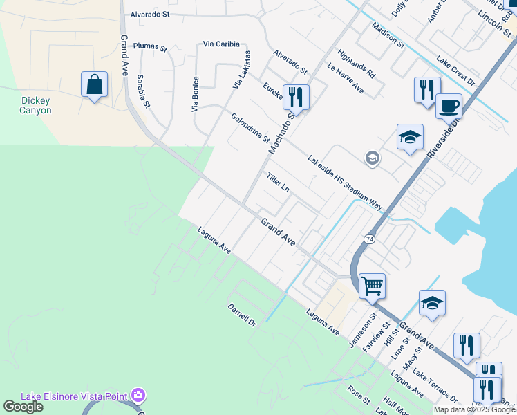 map of restaurants, bars, coffee shops, grocery stores, and more near 15131 Wavecrest Drive in Lake Elsinore