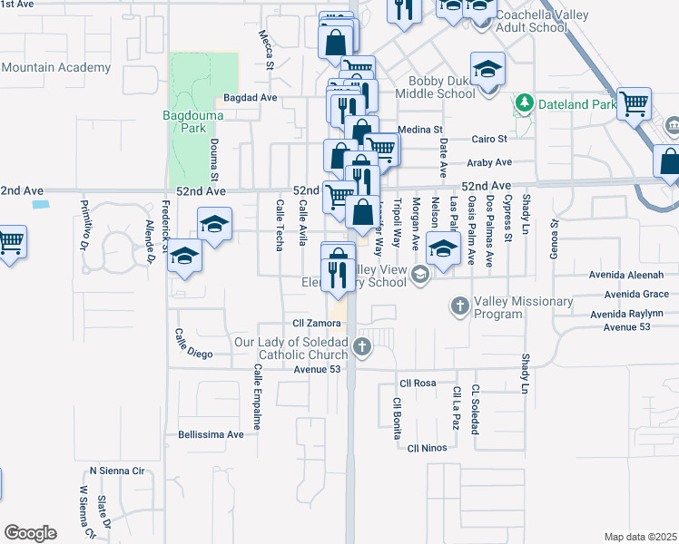 map of restaurants, bars, coffee shops, grocery stores, and more near 84966 Calle Verde in Coachella