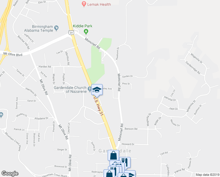 map of restaurants, bars, coffee shops, grocery stores, and more near 101 Farley Avenue in Gardendale