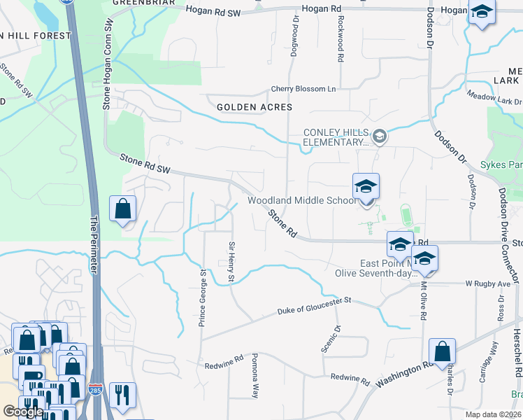 map of restaurants, bars, coffee shops, grocery stores, and more near 3020 Stone Road in East Point