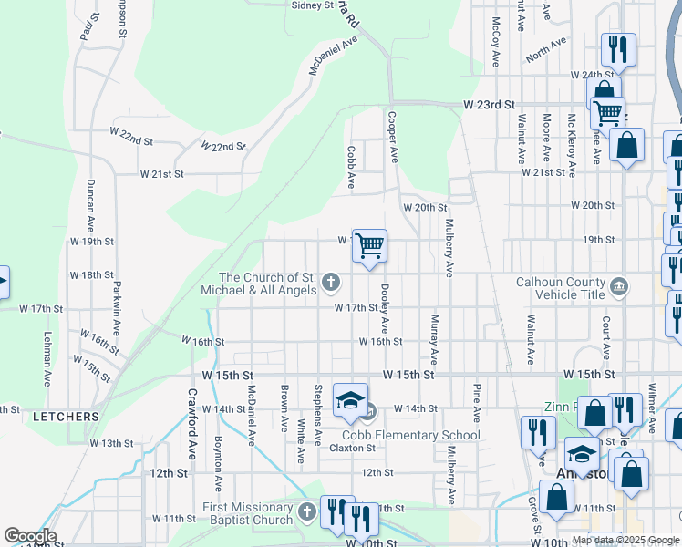 map of restaurants, bars, coffee shops, grocery stores, and more near West 18th Street in Anniston