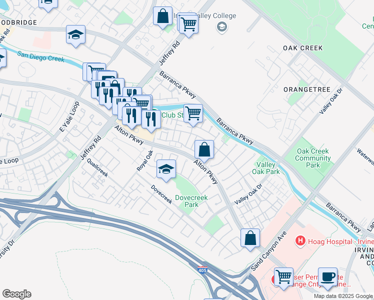 map of restaurants, bars, coffee shops, grocery stores, and more near 2301 Crescent Oak in Irvine