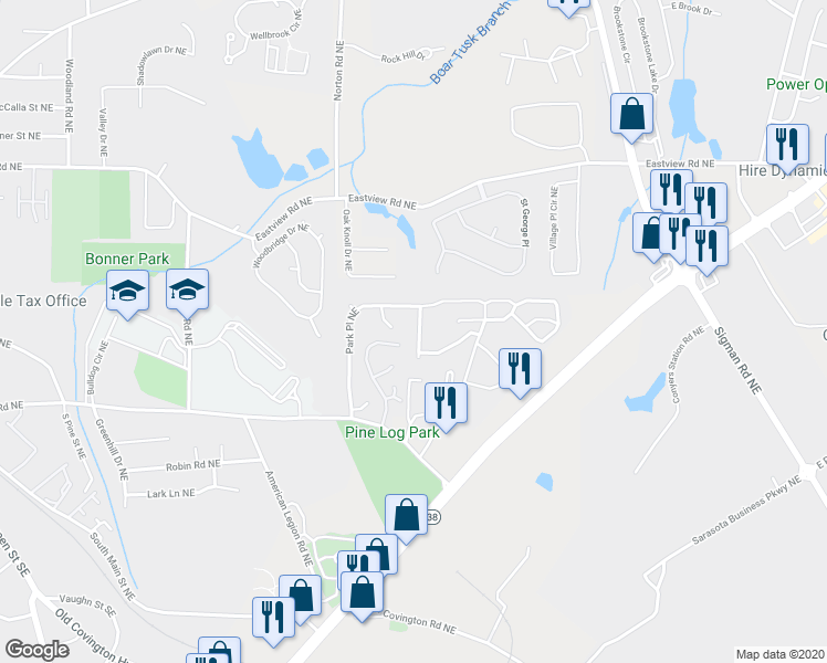 map of restaurants, bars, coffee shops, grocery stores, and more near 1012 Weatherwood Place Northeast in Conyers