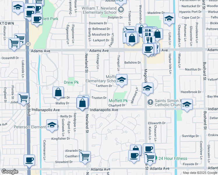 map of restaurants, bars, coffee shops, grocery stores, and more near 8672 Larthorn Drive in Huntington Beach