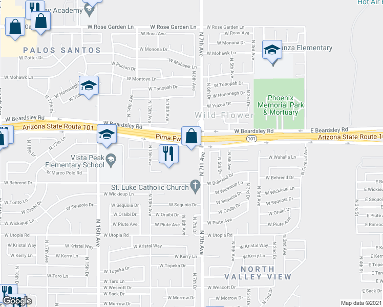 map of restaurants, bars, coffee shops, grocery stores, and more near 19820 North 7th Avenue in Phoenix