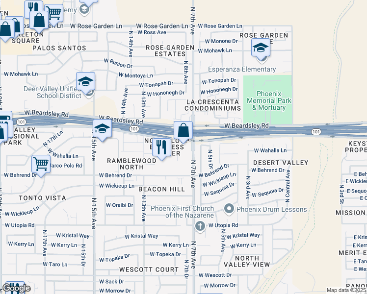 map of restaurants, bars, coffee shops, grocery stores, and more near 19820 North 7th Avenue in Phoenix