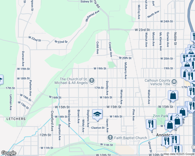 map of restaurants, bars, coffee shops, grocery stores, and more near West 18th Street in Anniston