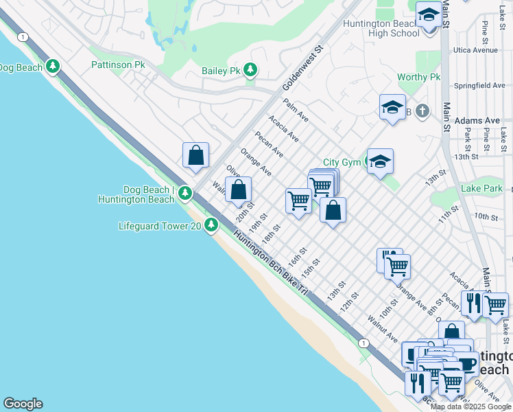 map of restaurants, bars, coffee shops, grocery stores, and more near 204 20th Street in Huntington Beach