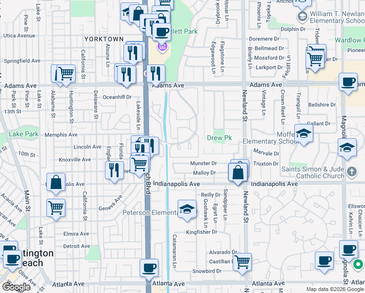 map of restaurants, bars, coffee shops, grocery stores, and more near 20322 Portview Circle in Huntington Beach