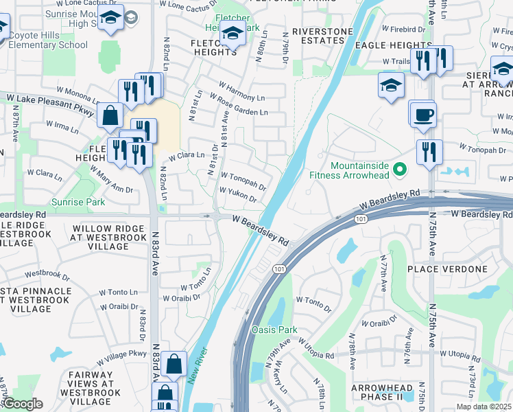 map of restaurants, bars, coffee shops, grocery stores, and more near 7977 West Yukon Drive in Peoria