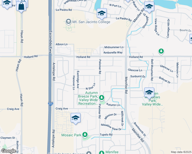 map of restaurants, bars, coffee shops, grocery stores, and more near 28507 North Star Lane in Menifee