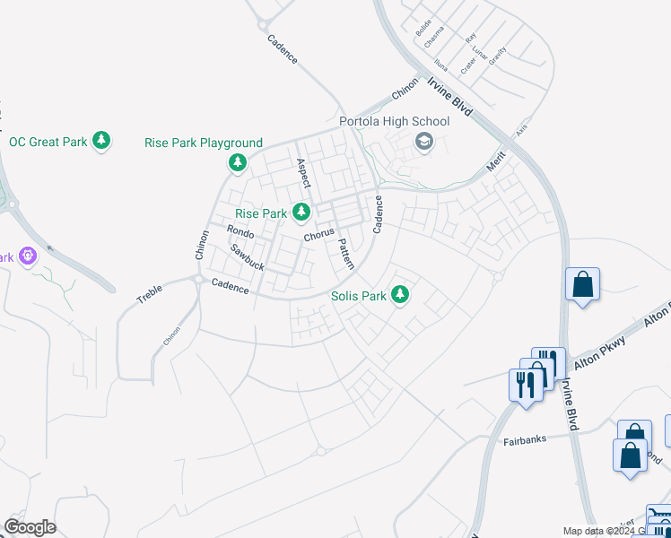 map of restaurants, bars, coffee shops, grocery stores, and more near 362 Chorus in Irvine