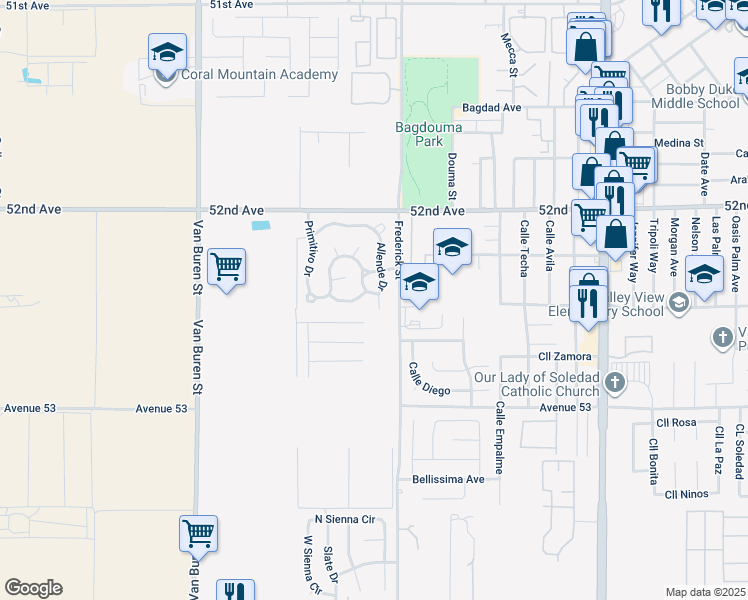 map of restaurants, bars, coffee shops, grocery stores, and more near 52165 Allende Drive in Coachella