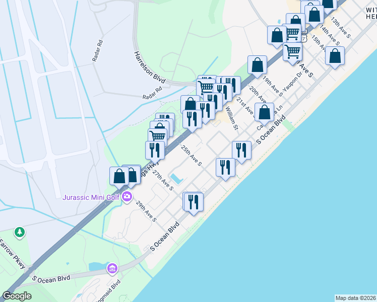 map of restaurants, bars, coffee shops, grocery stores, and more near 2502 Clearwater Street in Myrtle Beach