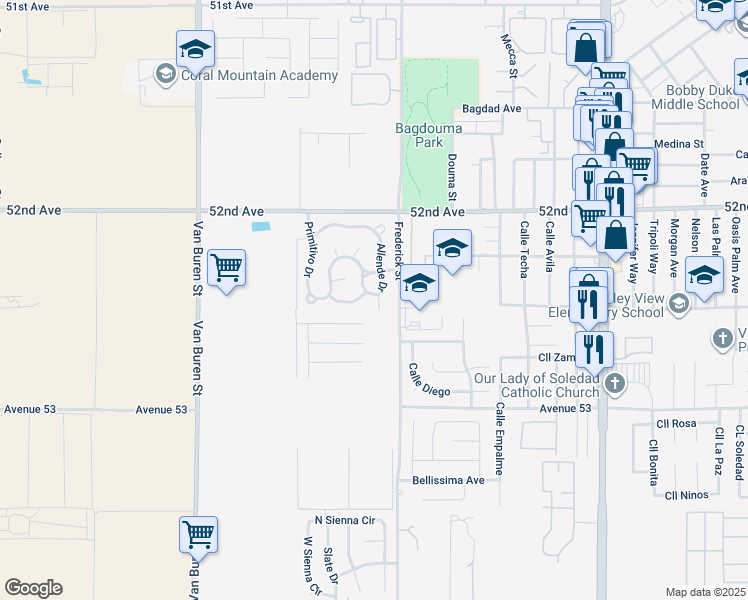 map of restaurants, bars, coffee shops, grocery stores, and more near 52165 Allende Drive in Coachella