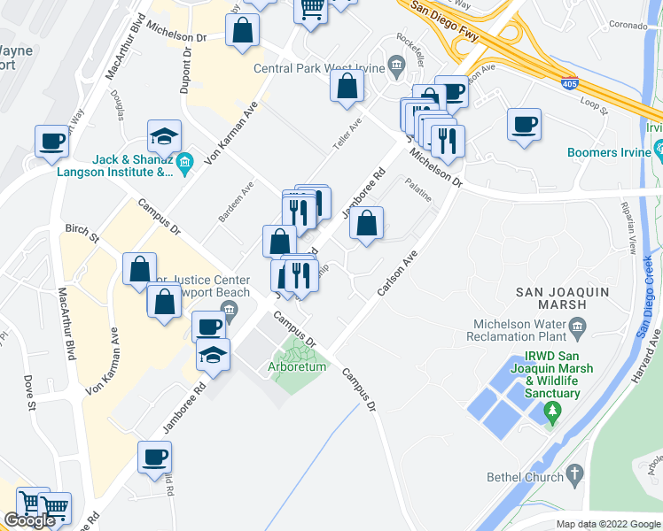 map of restaurants, bars, coffee shops, grocery stores, and more near 2414 Scholarship in Irvine