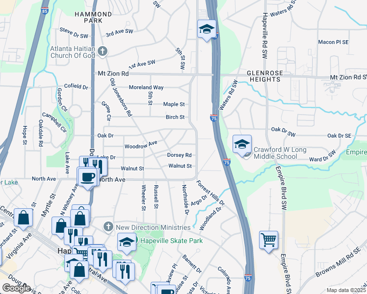 map of restaurants, bars, coffee shops, grocery stores, and more near 444 Grady Place in Hapeville